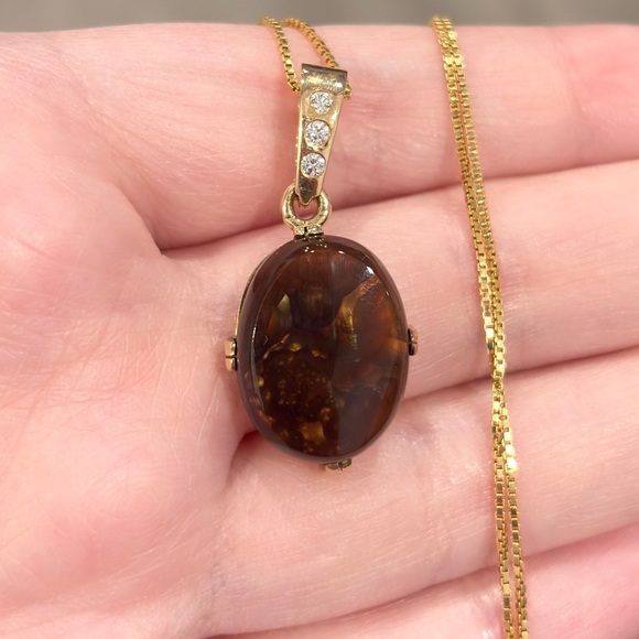 Vintage 14K Gold Fire Agate Pendant with Diamond Accents - Picture 6 of 10